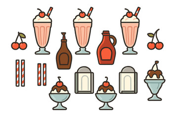 Retro diner dessert set featuring milkshakes, ice cream sundaes, cherries, and syrup bottles