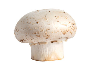 A close-up of a white mushroom, its cap speckled, against a contrasting black background, highlighting its texture