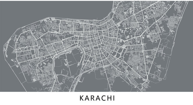 Detailed map of karachi city in monochrome design on gray background