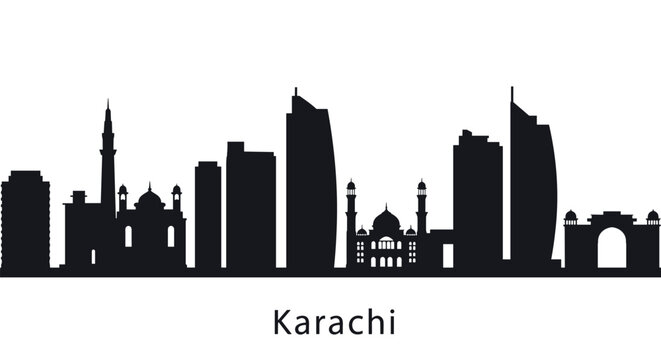 Karachi cityscape silhouette: iconic skyline in black and white