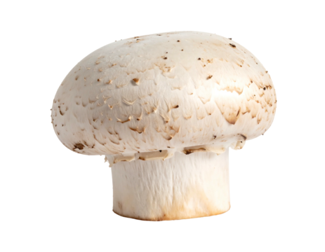A close-up of a white mushroom, its cap speckled, against a contrasting black background, highlighting its texture