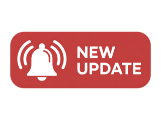 A red rectangular button with rounded corners displays a white notification bell icon with radiating sound waves and the words new update in white text