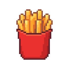 Pixel Art French Fries in Red Container Icon Vector Illustration