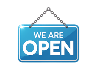 Bright blue illuminated sign with the words we are open displayed in bold white lettering hanging from a silver chain against a solid black background