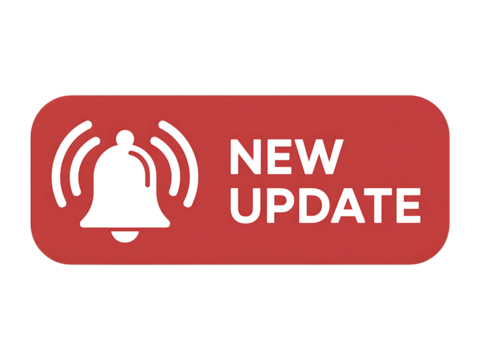 A red rectangular button with rounded corners displays a white notification bell icon with radiating sound waves and the words new update in white text - Powered by Adobe