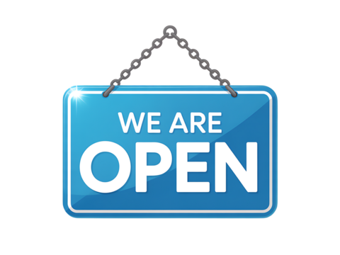 Bright blue illuminated sign with the words we are open displayed in bold white lettering hanging from a silver chain against a solid black background