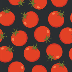 Tomato Seamless Pattern, Vector Illustration. Red Tomatoes on Black Background. Repeat Tile for Kitchen Design, Tomato Wallpaper, Textile, Packaging, Wrapping Paper, Fabric