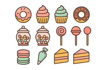 Cute colorful dessert and confectionery items including donuts cupcakes and cake slices