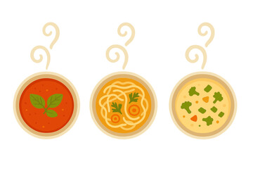 Collection of three steaming hot bowls of various soups including tomato, noodle, and vegetable cream