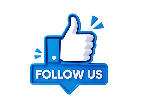 Bright blue thumbs up icon with the text follow us in white letters on a black background with small blue triangles