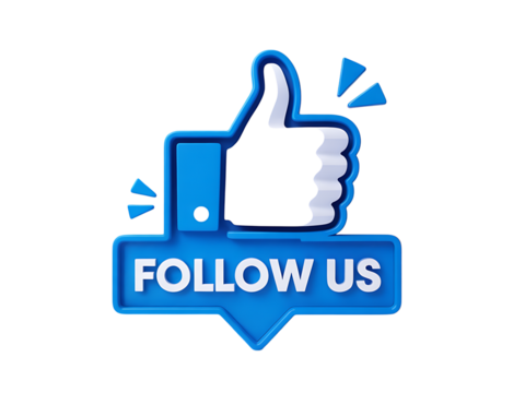 Bright blue thumbs up icon with the text follow us in white letters on a black background with small blue triangles