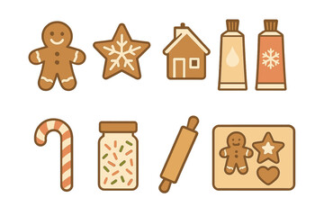 Assortment of classic Christmas gingerbread cookies and essential baking preparation items