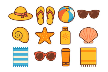 Essential summer vacation and beach accessories collection: sun hat, flip-flops, sunglasses, sunscreen, towels, and seashells