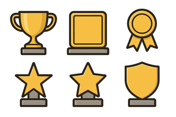Set of golden awards including trophy, medal, stars, and shield for winners