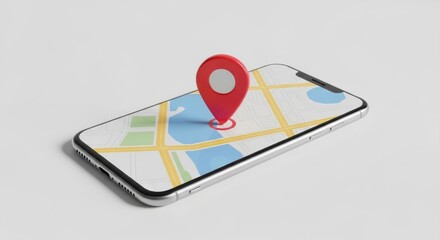Smartphone displaying map with red location pin signifying navigation and travel