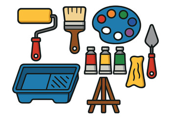 Art supplies set featuring paint roller brush palette paint tubes easel and tray