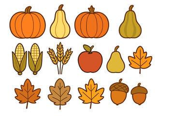 Traditional fall harvest produce and colorful autumn foliage assortment on white background