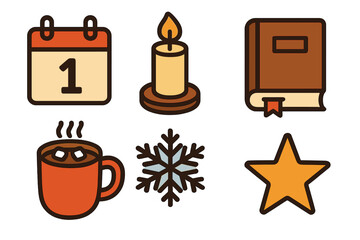 Cozy winter and holiday elements: calendar, burning candle, book, hot chocolate mug, snowflake, and star