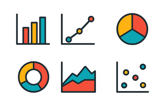 Colorful collection of six business data charts and financial graphs for analysis