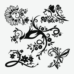 Abstract floral design element with flowers leaves and decorative patterns