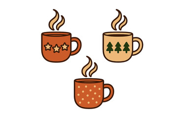 Three cozy mugs filled with hot drinks decorated with stars, trees, and polka dots for winter holidays