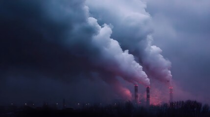 Industrial chimneys emit heavy smoke into the dark twilight sky illuminated by a red glow