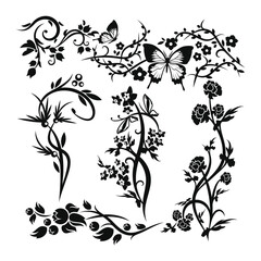 Black and white set of floral design elements with leaves and ornamental patterns