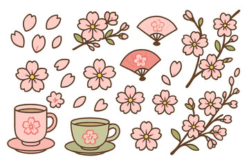 Cute set of pink Japanese sakura flowers, blooming branches, traditional fans, and teacups © Alan
