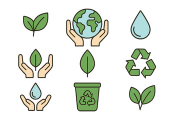 Environmental symbols showing hands holding Earth, water drop, green leaves, and recycling bin