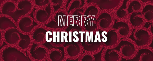 Stylish, modern vector banner for Merry Christmas Bold white typography against a deep maroon background with an abstract, swirling floral holly pattern, creating a chic, wintry texture.