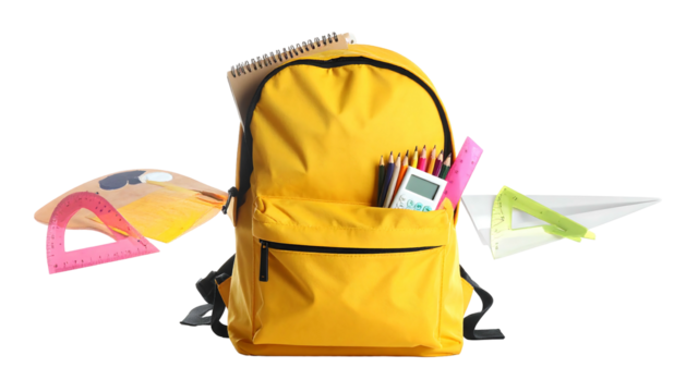 Yellow backpack with school supplies like pencils, calculator, and ruler against a black backdrop