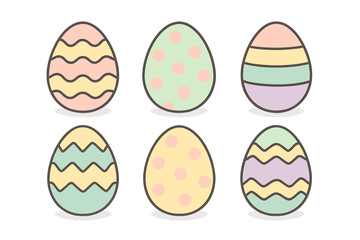 Six decorative eggs in soft pastel colors featuring stripes, waves, and polka dots for Easter