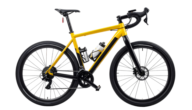 Yellow bicycle with black accents, on a transparent background, featuring road tires and a water bottle