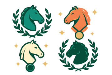 Set of stylized horse head badges and emblems symbolizing equestrian sport achievement and victory