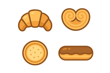 Set of classic French baked goods including croissant, palmier, cookie, and eclair