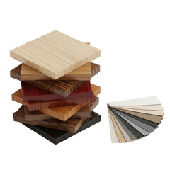 Wooden material samples in various colors and textures for design and selection.