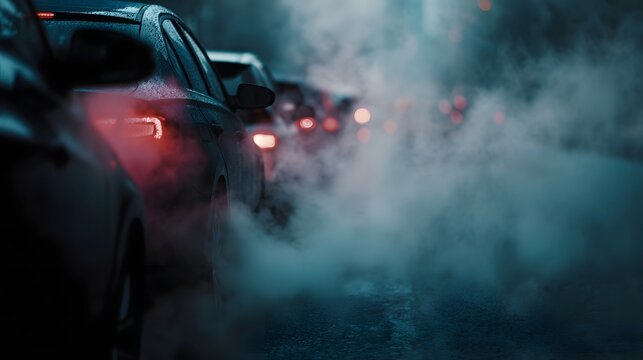 Cars idling in heavy traffic emitting thick exhaust fumes into the dark urban atmosphere