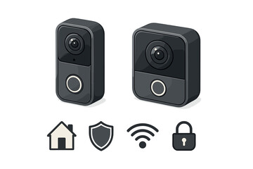 Modern smart home video doorbells with security, WiFi, and house icons