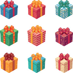 Isolated a kinds of deferent Gift boxes, wrapped presents, paper bag, festive decorations with bows, ribbons. Holiday celebration concept. Modern cartoon vector art with white background.