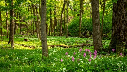 Forest clearing with wildflowers in bloom, surrounded by tall green trees and soft daylight in late spring woodland