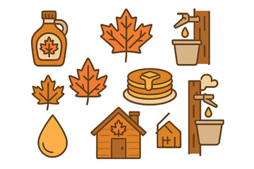 Maple syrup production and consumption elements: leaves, pancakes, sugar shack, tapping trees