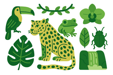Obraz premium Tropical jungle animals and plants collection featuring jaguar toucan frog and foliage