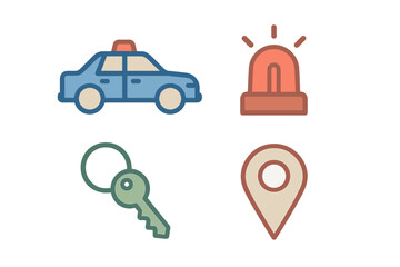 Safety security and location tracking symbols including police car key and map pin