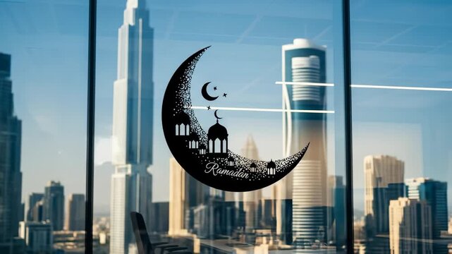 A cityscape view through a glass window is adorned with a crescent moon sticker with a celebratory design