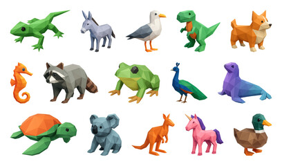 Naklejka premium PNG Colorful low-poly animal models, element set on transparent background