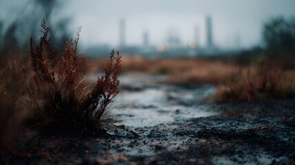 Desolate muddy landscape with dry vegetation and distant industrial structures under an overcast sky