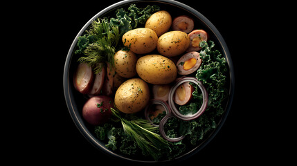 Colorful bowl of fresh vegetables including yellow potatoes, kale, radishes, red onion, dill, and parsley. Ideal for nutrition, culinary styling, or food photography themes.