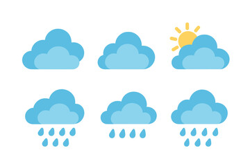 Six minimalist weather icons featuring blue clouds, yellow sun, and falling raindrops