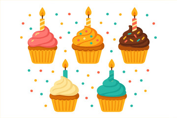 Five festive cupcakes topped with colorful frosting and lit birthday candles