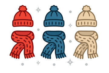 Colorful knitted winter hats and scarves set for cold weather apparel